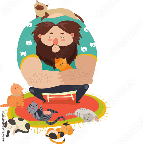 Big man wih cute cats. Daddy s cat. Vector illustration