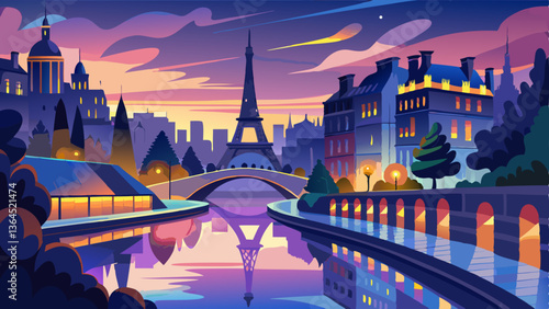 Seine River reflecting the lights of Paris at twilight