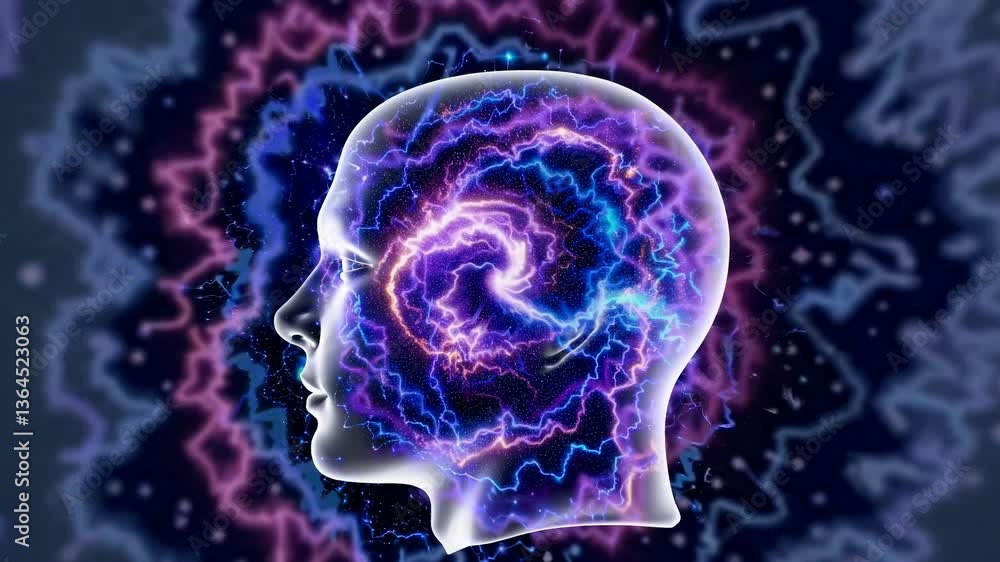 Abstract video concept of a human head silhouette with swirling neon lights, captured from a side angle, symbolizing digital consciousness. Live desktop wallpaper. Abstract video concept of a human head silhouette with swirling neon lights, captured from a side angle, symbolizing digital consciousness. Live desktop wallpaper.