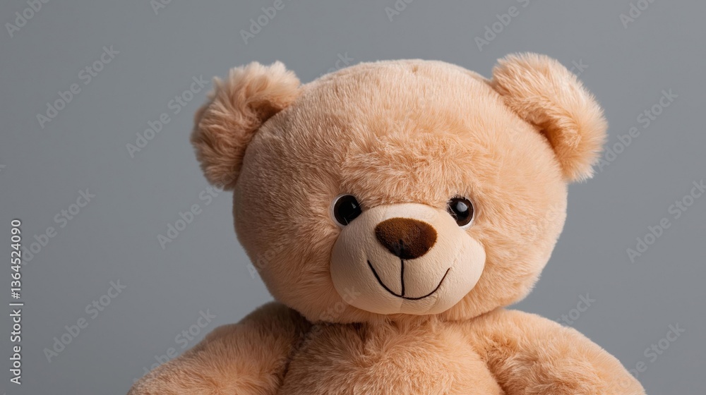 Close-up of a teddy bear's face. the bear is light brown in color and has a round nose and black eyes. its fur is soft and fluffy, and it appears to be sitting on a plain grey background. Close-up of a teddy bear's face. the bear is light brown in color and has a round nose and black eyes. its fur is soft and fluffy, and it appears to be sitting on a plain grey background.