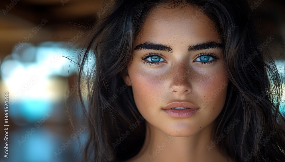 A beautiful woman with stunning blue eyes looks directly at the viewer A beautiful woman with stunning blue eyes looks directly at the viewer