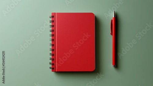 Red notebook with a spiral binding on the left side and a red pen on the right side. the notebook is lying flat on a light green background.