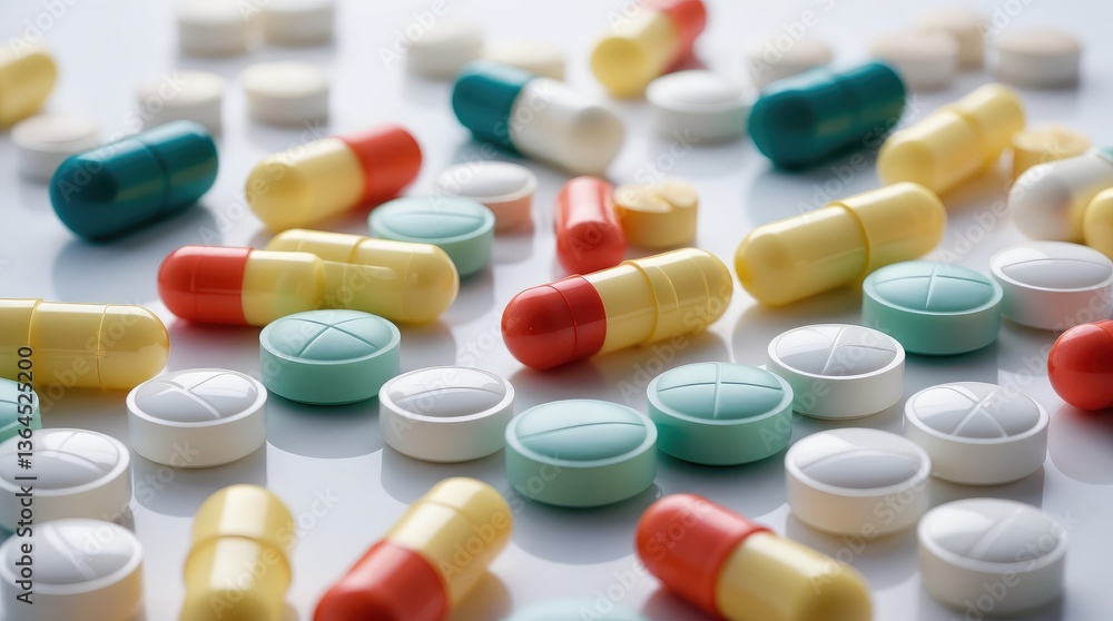A variety of prescription and over-the-counter medicine tablets, carefully placed on a white sterile surface, illustrating the pharmaceutical industryâs role in healthcare. A variety of prescription and over-the-counter medicine tablets, carefully placed on a white sterile surface, illustrating the pharmaceutical industryâs role in healthcare.