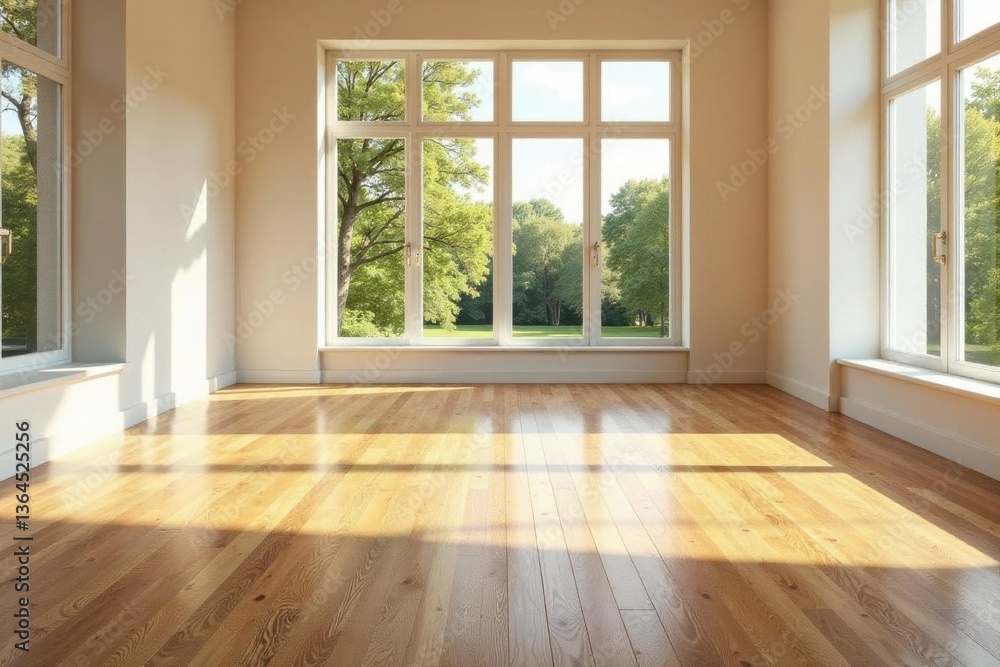 Fototapeta premium Sunlit Room with Hardwood Floors and Expansive Windows Offering a Tranquil View of Lush Greenery
