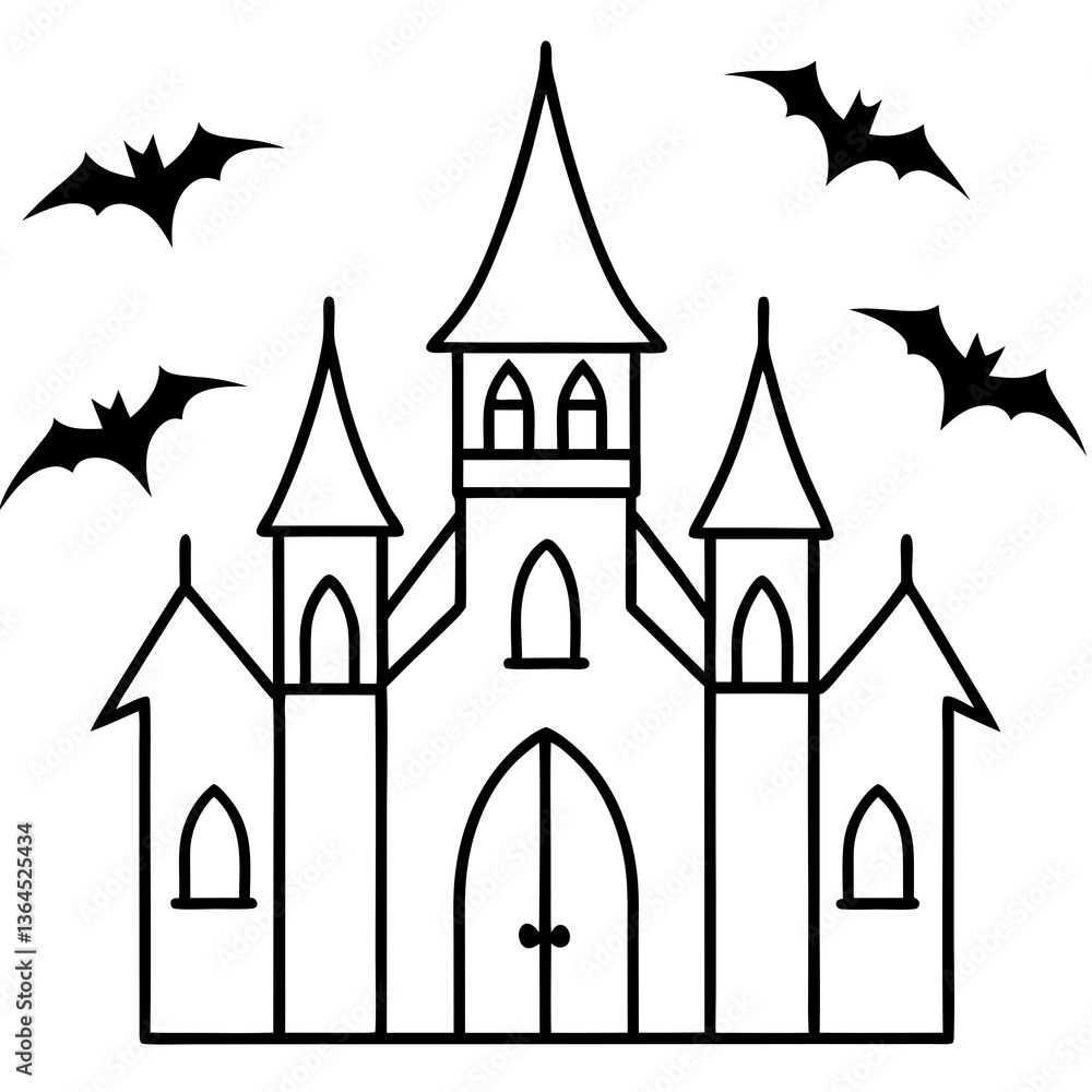 Gothic mansion with bats flying around line art vector illustration Gothic mansion with bats flying around line art vector illustration