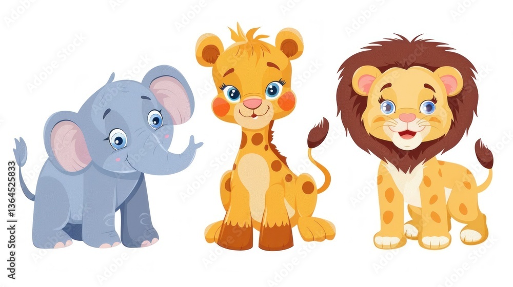 Obraz premium Safari baby animals like elephants and lions in the wild.