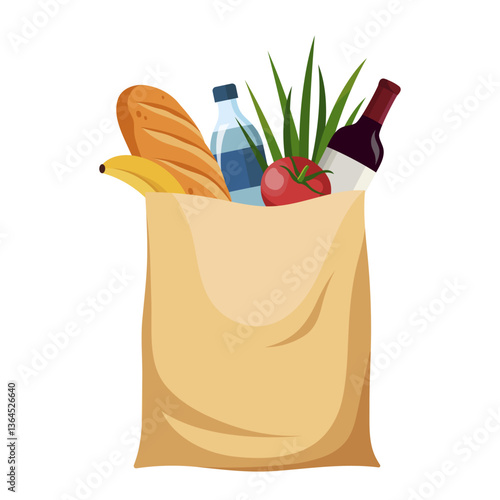 Brown paper grocery bag with bread, banana, water, tomato, wine, and green leaves on a white background. Concept of shopping and fresh food. Vector illustration