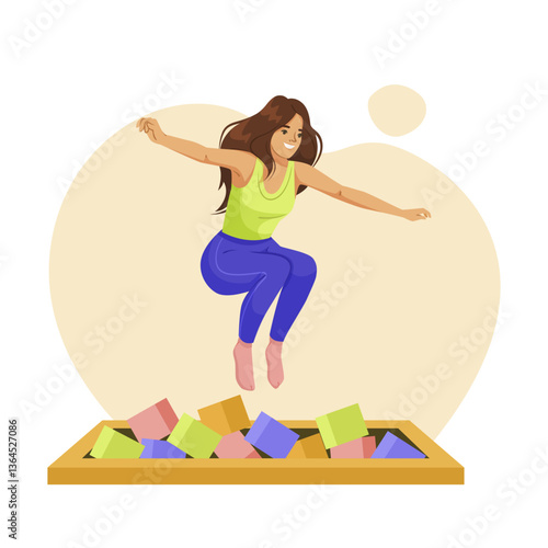 Happy young woman jumping into a foam pit with colorful blocks on a light abstract background. Concept of fun, joy, and indoor activities. Vector illustration