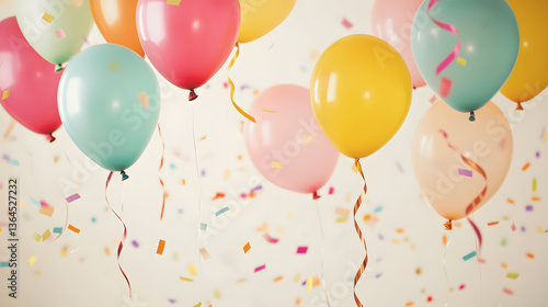A birthday party setting with floating helium balloons of different colors and sizes, gently swaying in the air. Vibrant ribbons dangle, adding playful movement, while confetti flutters in slow