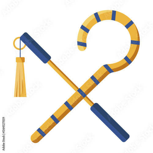 Golden and blue ancient Egyptian crook and flail crossed, symbol of power and royalty, isolated on a white background. Vector illustration