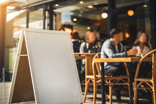  an outdoor restaurant or cafe scene with a blank sandwich board sign in the foreground