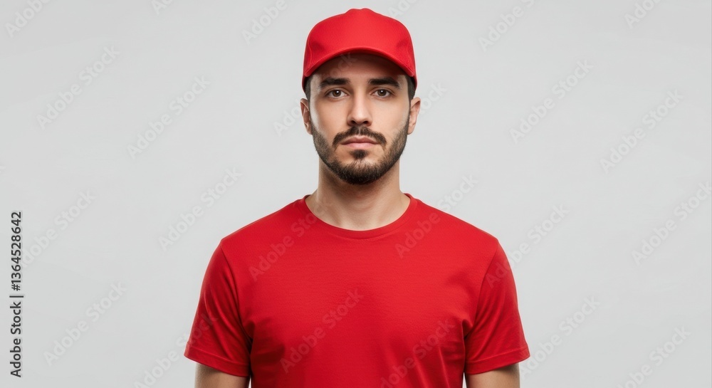 Man in red uniform cap and t-shirt.