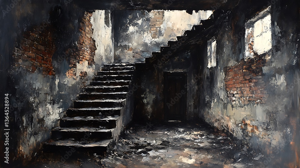 Burned building interior with staircase. Burned building interior with staircase.