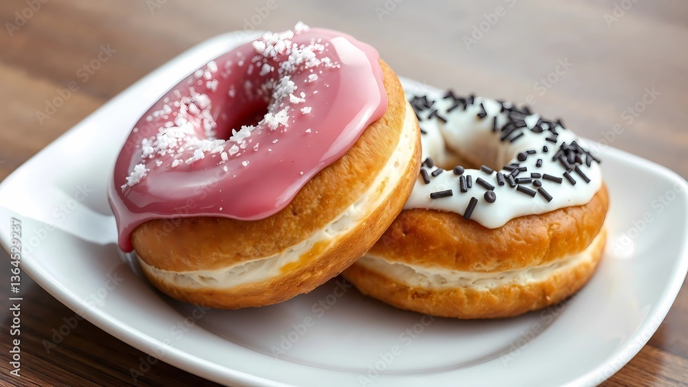 Two donuts on a white plate. One donut has glossy pink glaze and sugar crystals, the other has white icing and chocolate sprinkles. Two donuts on a white plate. One donut has glossy pink glaze and sugar crystals, the other has white icing and chocolate sprinkles.