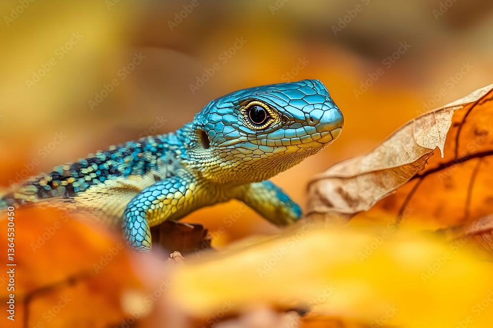 Vibrant blue skink lizard resting among golden autumn leaves in detail Vibrant blue skink lizard resting among golden autumn leaves in detail