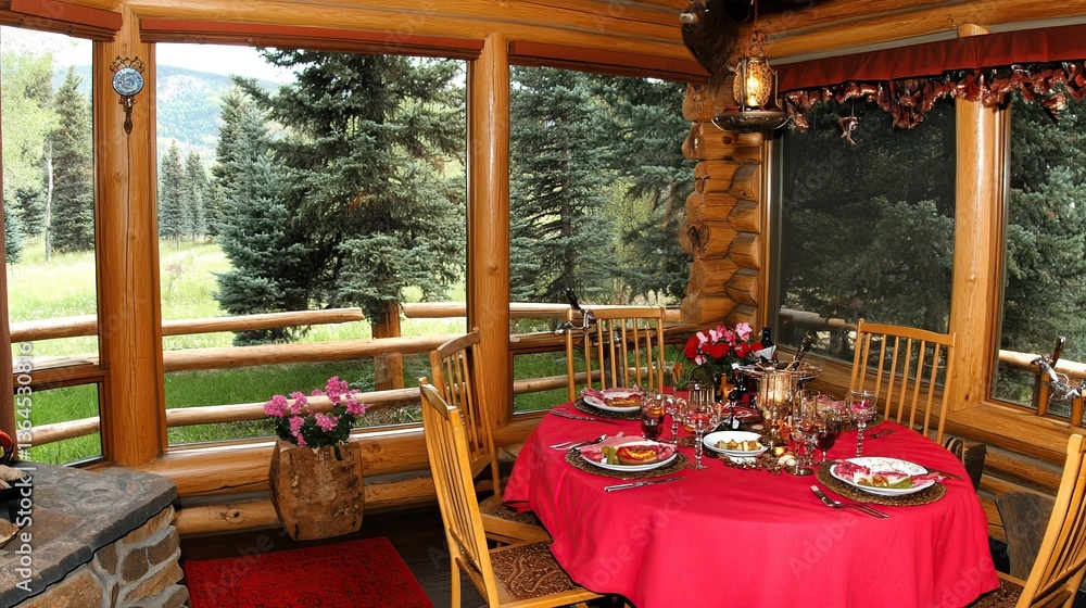 Fototapeta premium Mountain cabin dining room, red tablecloth, scenic view