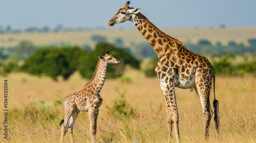 Fototapeta premium A baby giraffe standing beside its mother in the savannah.
