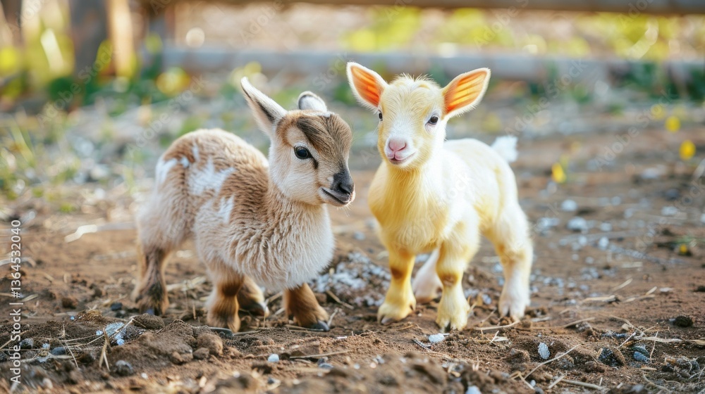 Fototapeta premium Cute baby farm animals playing together on a farm.
