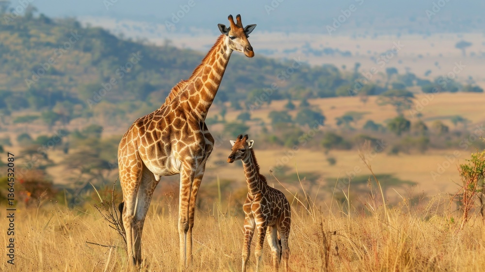 Obraz premium A baby giraffe standing beside its mother in the savannah.