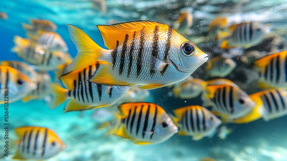 Naklejka premium Colorful fish swimming in clear blue water, showcasing vibrant orange and black stripes, creating lively underwater scene filled with marine life