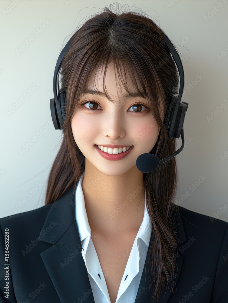 smiling young woman wearing headset and professional suit, exuding confidence and friendliness. She is ready to assist customers with warm expression smiling young woman wearing headset and professional suit, exuding confidence and friendliness. She is ready to assist customers with warm expression