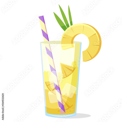 Refreshing tropical pineapple cocktail in a tall glass with ice cubes, a striped straw, and a pineapple slice garnish on a white background. Vector illustration