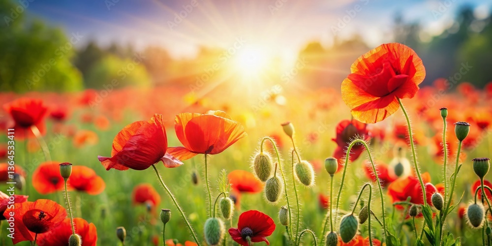 Fototapeta premium Vibrant Red Poppy Field Panorama: Stunning Deep Focus Landscape