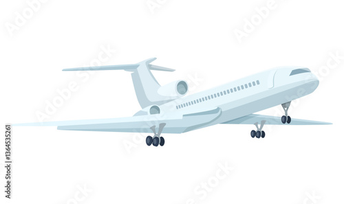 Large commercial airplane taking off with landing gear extended, isolated on white background. Aviation and air travel concept. Vector illustration