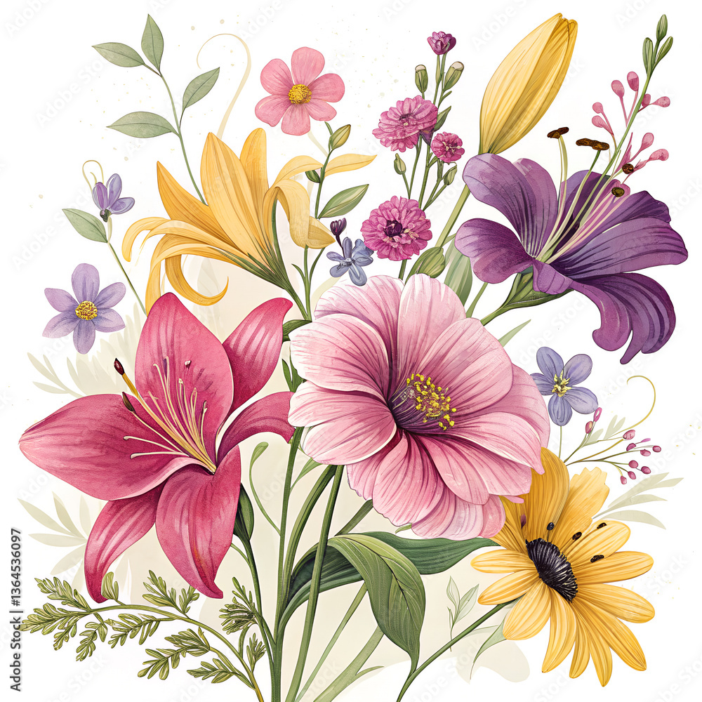 Obraz premium vintage flower illustrations white background mix flowers cluster illustration bouquet flower illustration