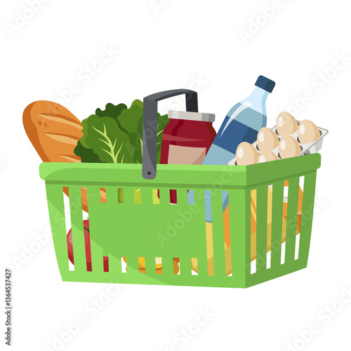 Green shopping basket filled with groceries, including bread, eggs, water, and vegetables, on a white background. Concept of food shopping. Vector illustration