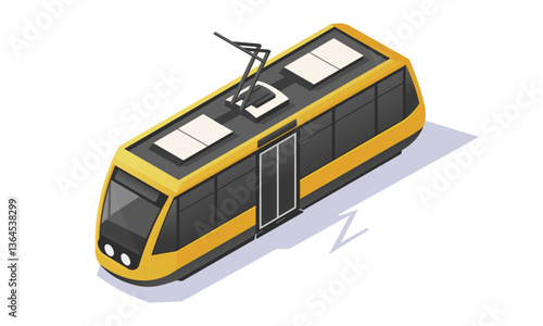 Modern yellow tram in isometric style with black windows and details on a white background. Public transport concept. Vector illustration