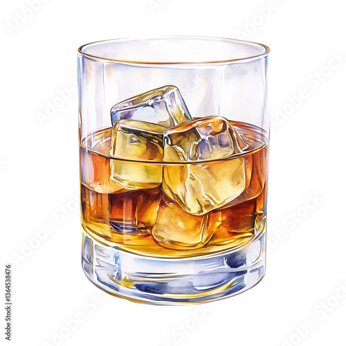 Watercolor Painting of Whiskey on the Rocks in a Rocks Glass