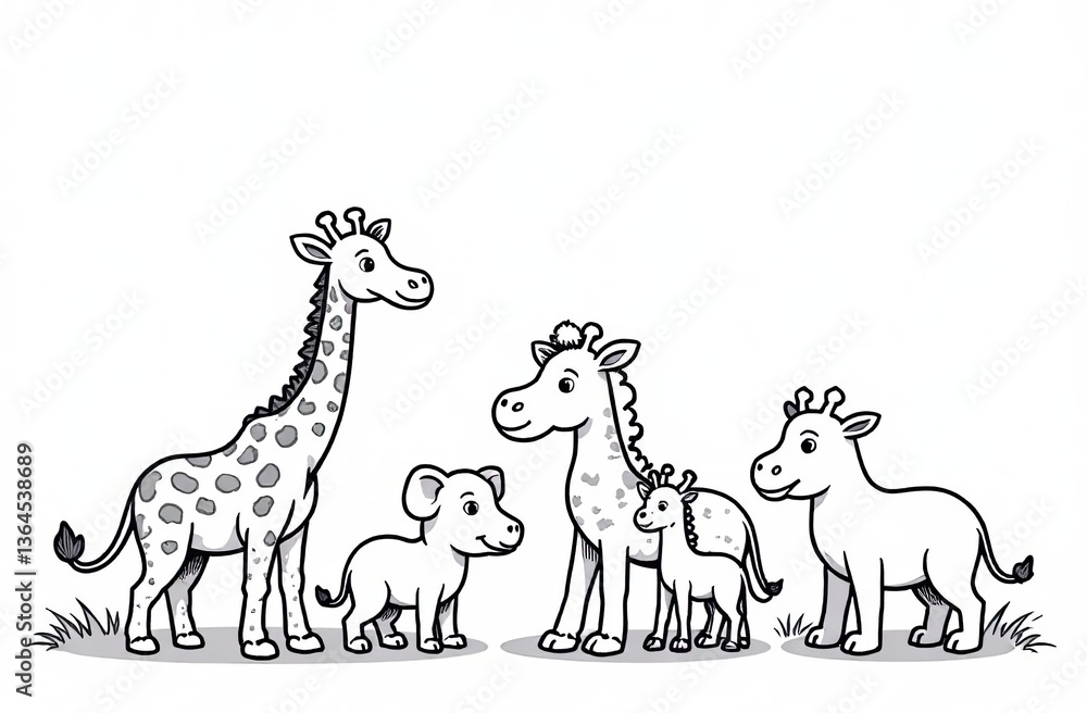 Fototapeta premium cartoon safari animals group coloring page