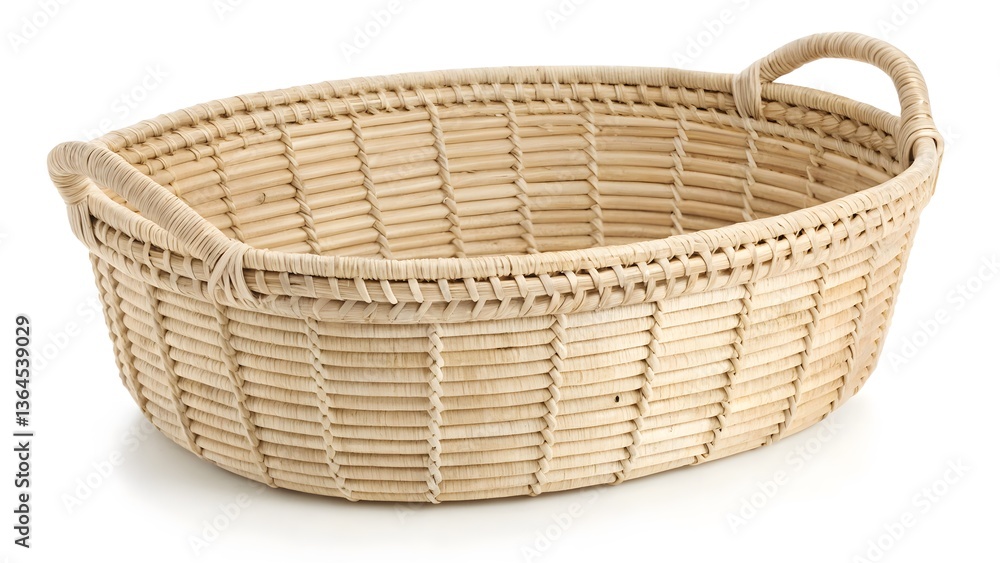 Handwoven Rattan Basket with a Minimalist Design, Isolated on a White Background, ideal for boho and minimalist home decor, Clean and Modern Natural Home Decor Stock Image Handwoven Rattan Basket with a Minimalist Design, Isolated on a White Background, ideal for boho and minimalist home decor, Clean and Modern Natural Home Decor Stock Image
