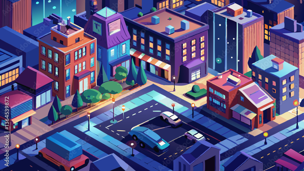 Aerial view of a city street illuminated at night, showcasing a few buildings and the vibrant urban atmosphere. Aerial view of a city street illuminated at night, showcasing a few buildings and the vibrant urban atmosphere.