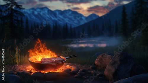 Wallpaper Mural Outdoor camping scene with a steak sizzling over an open flame, cast iron skillet, rugged nature setting, warm firelight glow Torontodigital.ca