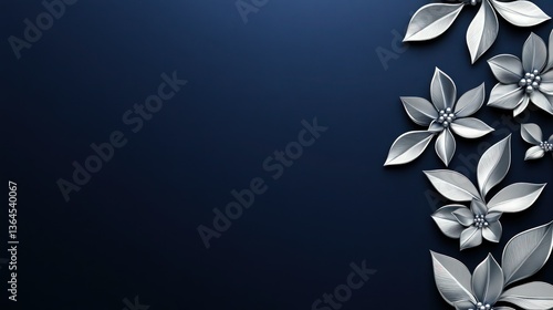 A sleek silver metallic floral pattern aligned on the right side, set against a rich navy blue background, with a smooth gradient effect.