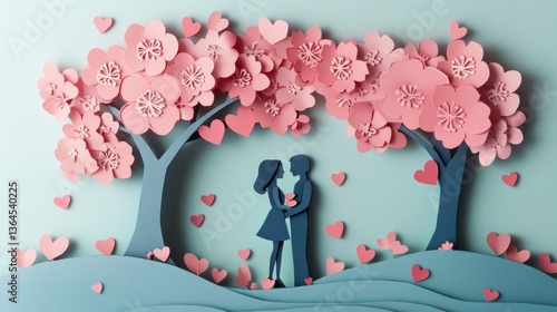 Concept of valentine day , two enamored under a love tree in the spring season,paper art  and craft style.