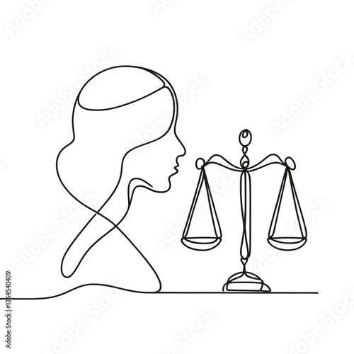 Minimalist line art representation of a woman's profile and balance scale symbolizing justice