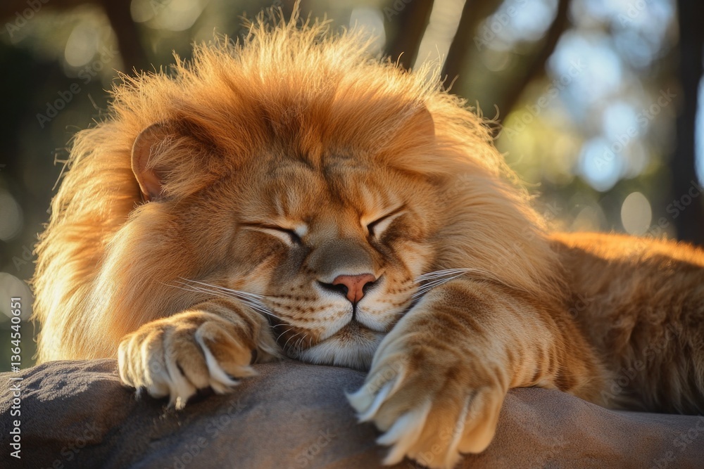 Naklejka premium A close-up view of a lion resting on a rocky surface