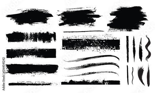 Brush paint vector set. Messy ink brush strokes, blots, daubs. Chinese, Japanese, Korean calligraphy strokes. Black abstract messy spot collection. Straight long hand drawn stripes vector sketch. 