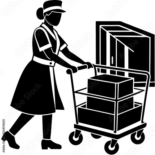 A silhouette of a nurse pushing a hospital cart filled with medical supplies, moving efficiently down a hallway