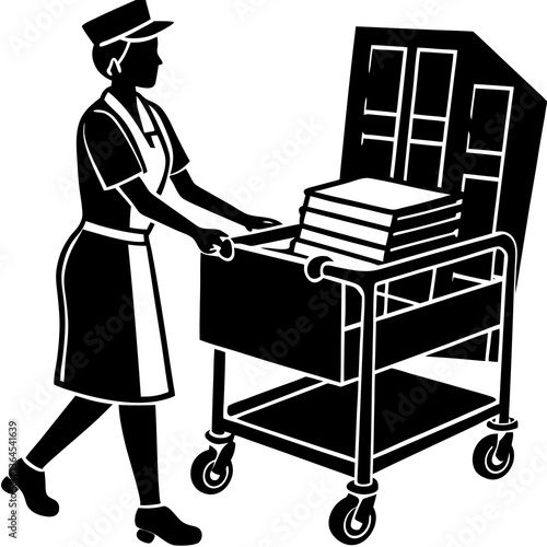 A silhouette of a nurse pushing a hospital cart filled with medical supplies, moving efficiently down a hallway