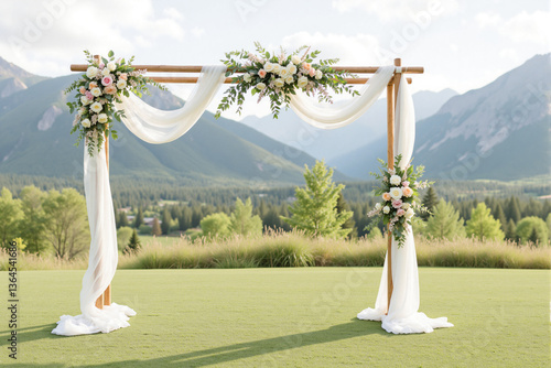 Elegant wedding arch adorned with flowers against mountains  