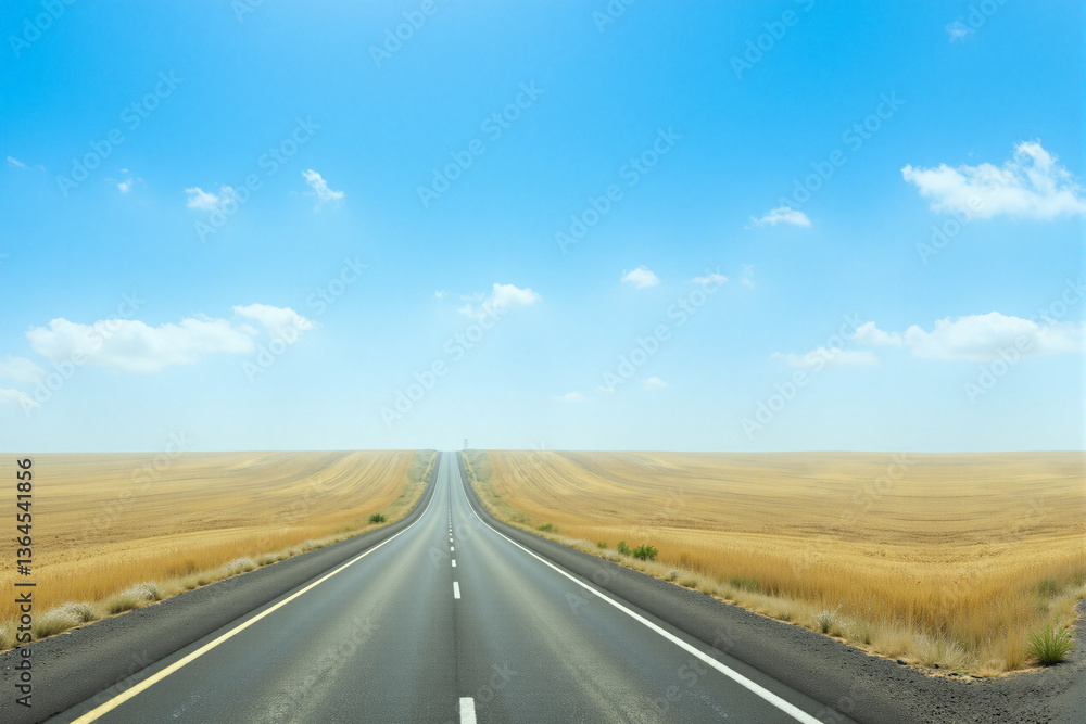 Endless Road Stretching through Golden Wheat Fields under Blue Sky Endless Road Stretching through Golden Wheat Fields under Blue Sky