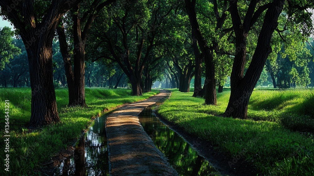 Naklejka premium Serene Pathway Through Lush Green Trees and Grassy Meadow with a Reflective Waterway