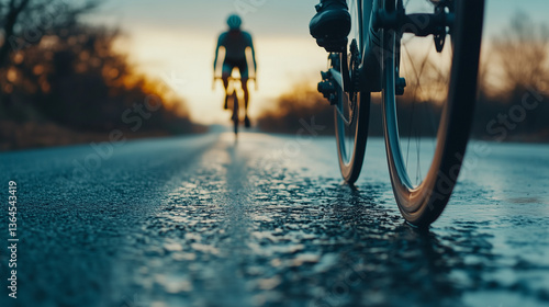 Sleek road bike tire on smooth asphalt, blurred cyclist in background, embodying speed and efficiency.