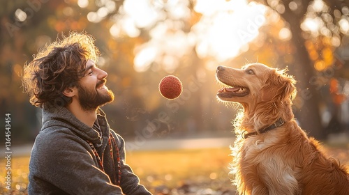 Man playing fetch with golden retriever in park