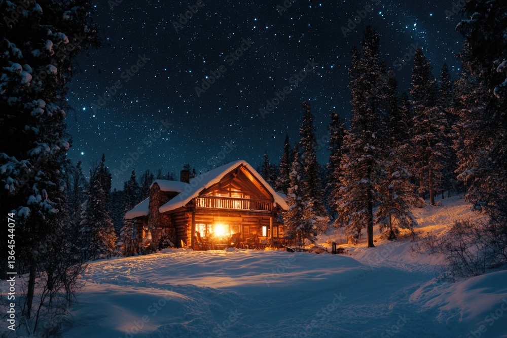 A cozy cabin surrounded by snow-covered trees at night A cozy cabin surrounded by snow-covered trees at night