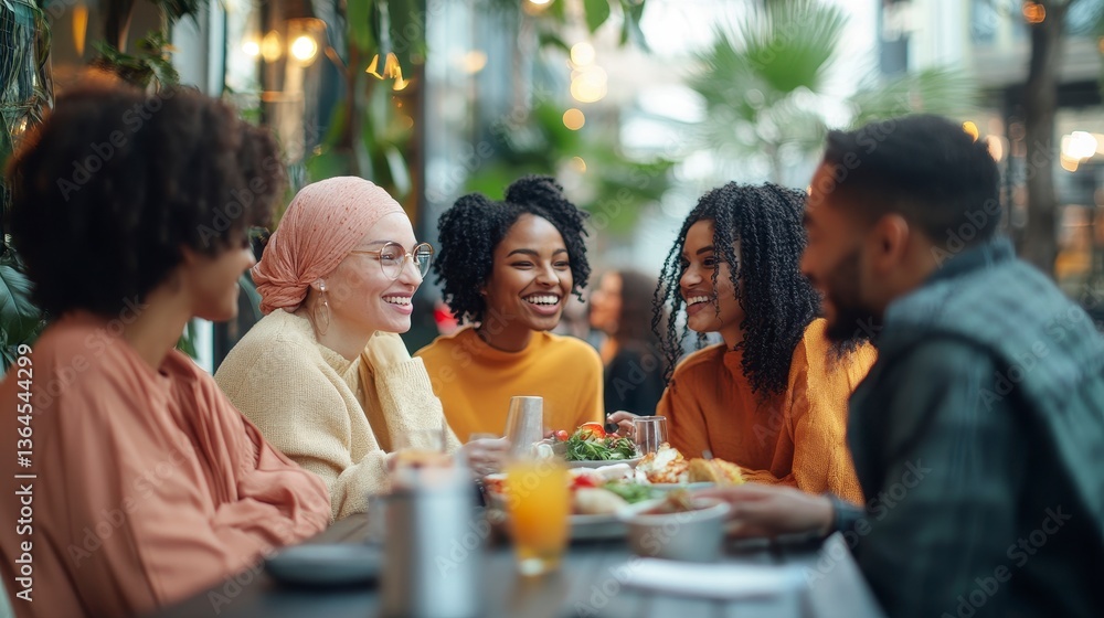 Diverse Group of Friends Enjoying Meal Together in Bright Café Diverse Group of Friends Enjoying Meal Together in Bright Café